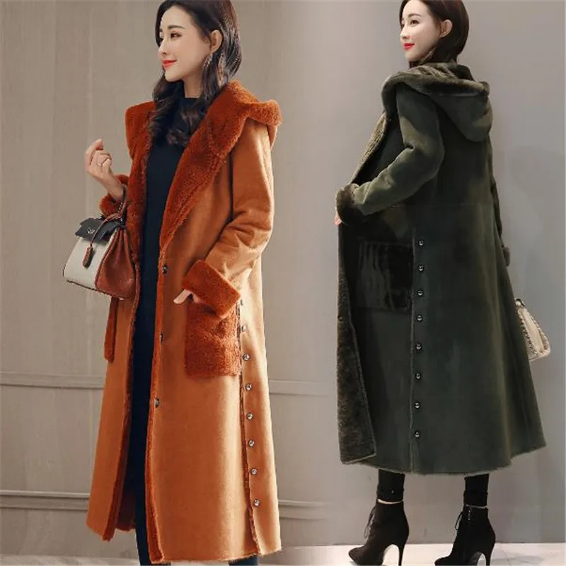 Новая замшевая куртка с капюшоном и оленем женская зимняя Толстая шерстяная