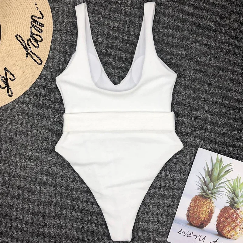 2021 White Ribbed Women swimwear one piece swimsuit Female bather Sexy high cut monokini Rings Belt Bathing Suit Swim bodysuit
