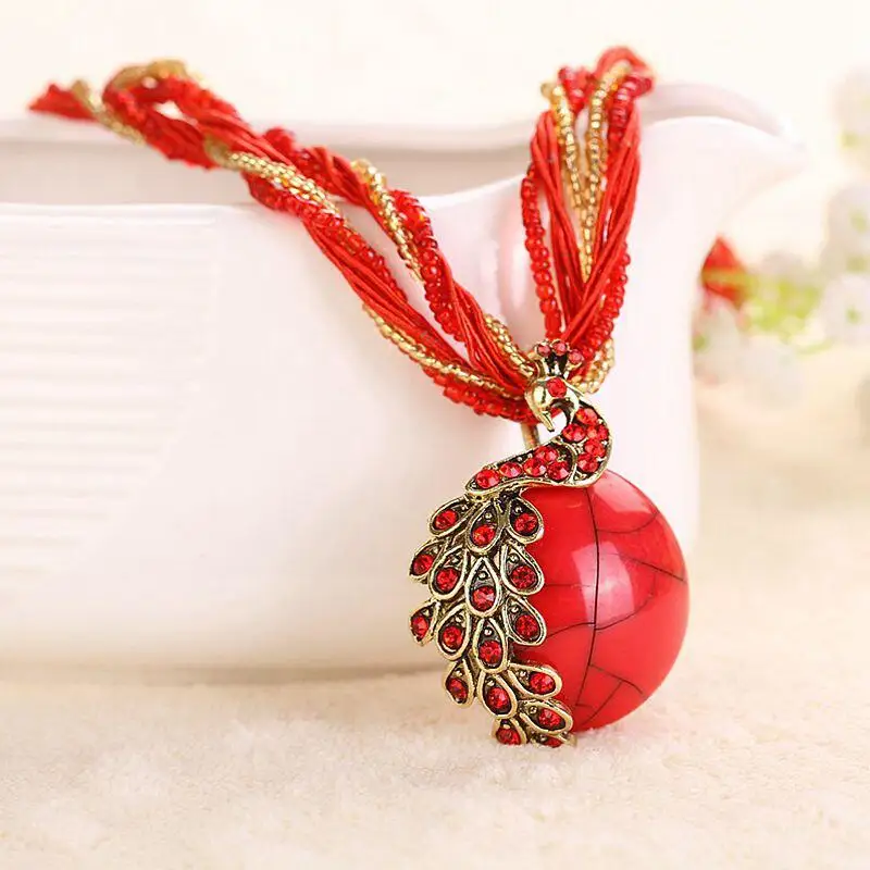 YAAYOO Newest Colorful Rhinestone Gem Peacock Statement Necklace Pendant Women Summer Style Fashion Jewelry For Gift Party | Украшения и
