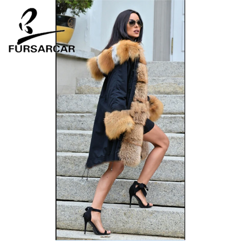 FURSARCAR 2021 Luxury Winter Fur Parka For Women Real Fur Coat Female With Thick Fox Fur Hood Fashion Long Parkas