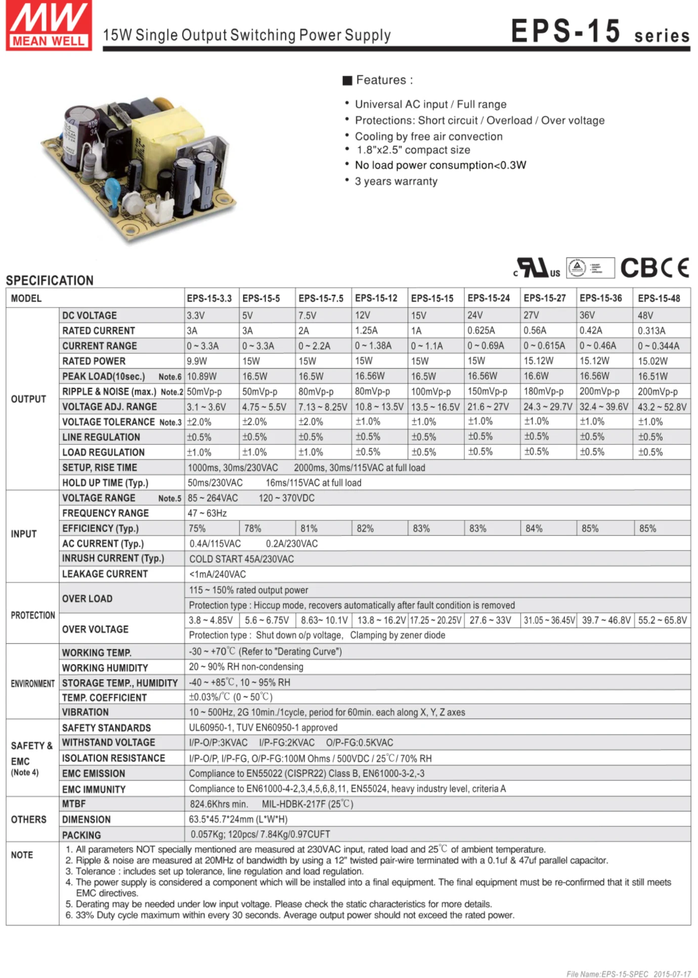 Цена товара MEAN WELL! EPS-15-5 5V 3A meanwell EPS-15 напряжение 15 Ватт, Выход источник стабилизированного импульсный источник питания PCB заменить PS