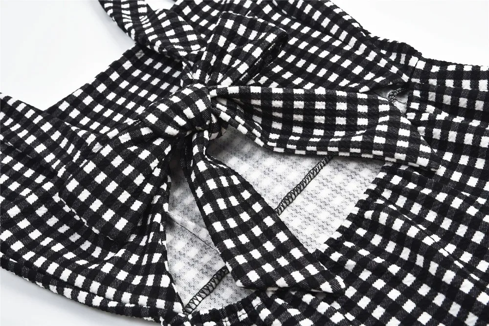 Hollow Out Bow Plaid Print Slim Dress Retro Strapped Square Collar Sexy Pencil Dresses Beach Style White+Black Backless Summer | Женская