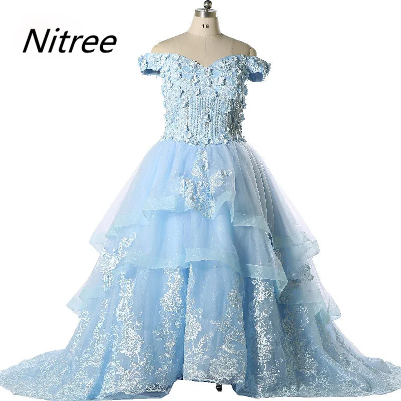 2017 с открытыми плечами Многоуровневое сшитое Кружева аппликации голубой