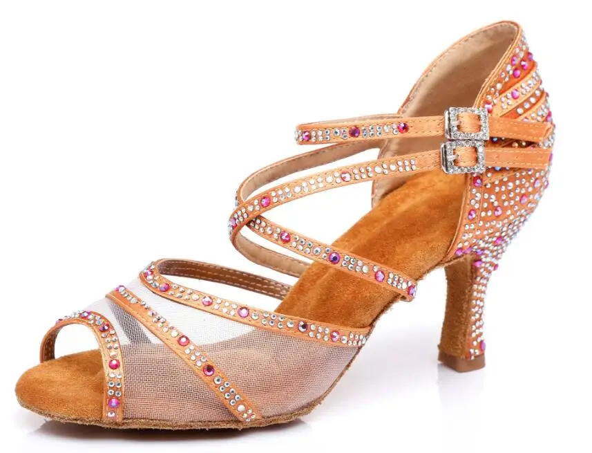 bronze heel 8.5cm Джазовые танцевальные туфли; женские танцевальные туфли с сеткой; Бронзовые Туфли для латинских танцев; сандалии на среднем каблуке; популярная удобная обувь - Цвет: bronze heel 8.5cm