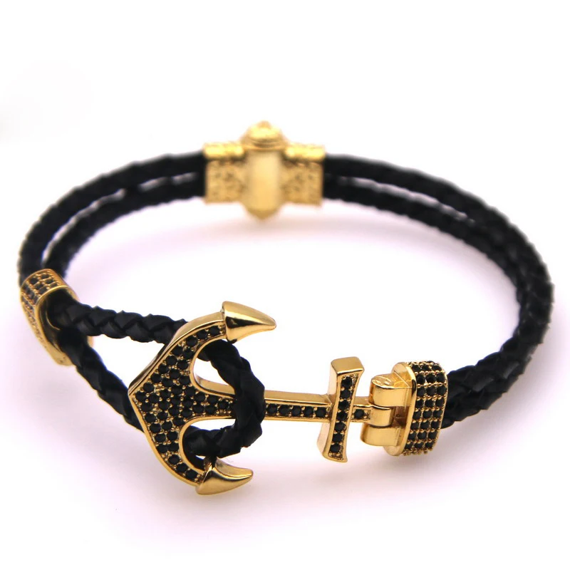 Высококачественный мужской деловой браслет из натуральной кожи с якорем микро