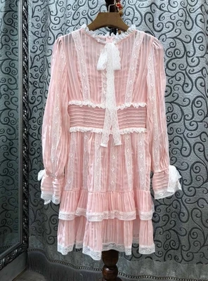 pink Высокое качество, новинка, осеннее платье для женщин, воротник с бантом, каскадные оборки, кружево, пэчворк, длинный рукав, вечерние, розовое, белое, черное платье - Цвет: pink