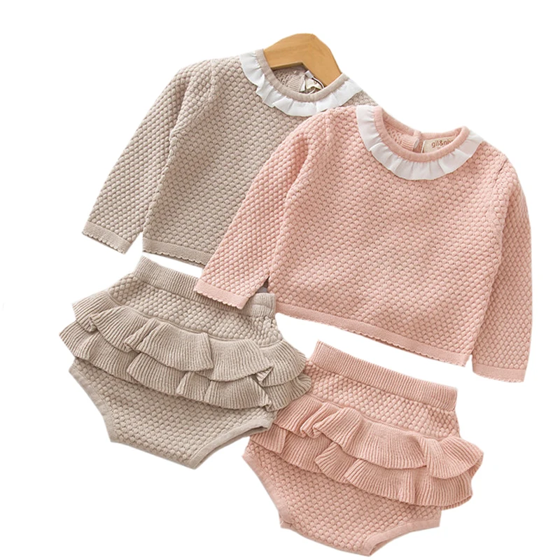 Autumn Spring Toddler Baby Set Knitted Newborn Clothes Girls Boys Clothing Sweater + Shorts 2 pcs Outfits Ruffle | Детская одежда и