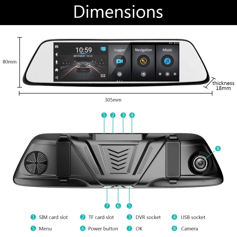 AZGIANT 8 дюймов 4G полный экран Автомобильный видеорегистратор Запись HD 1080P видео