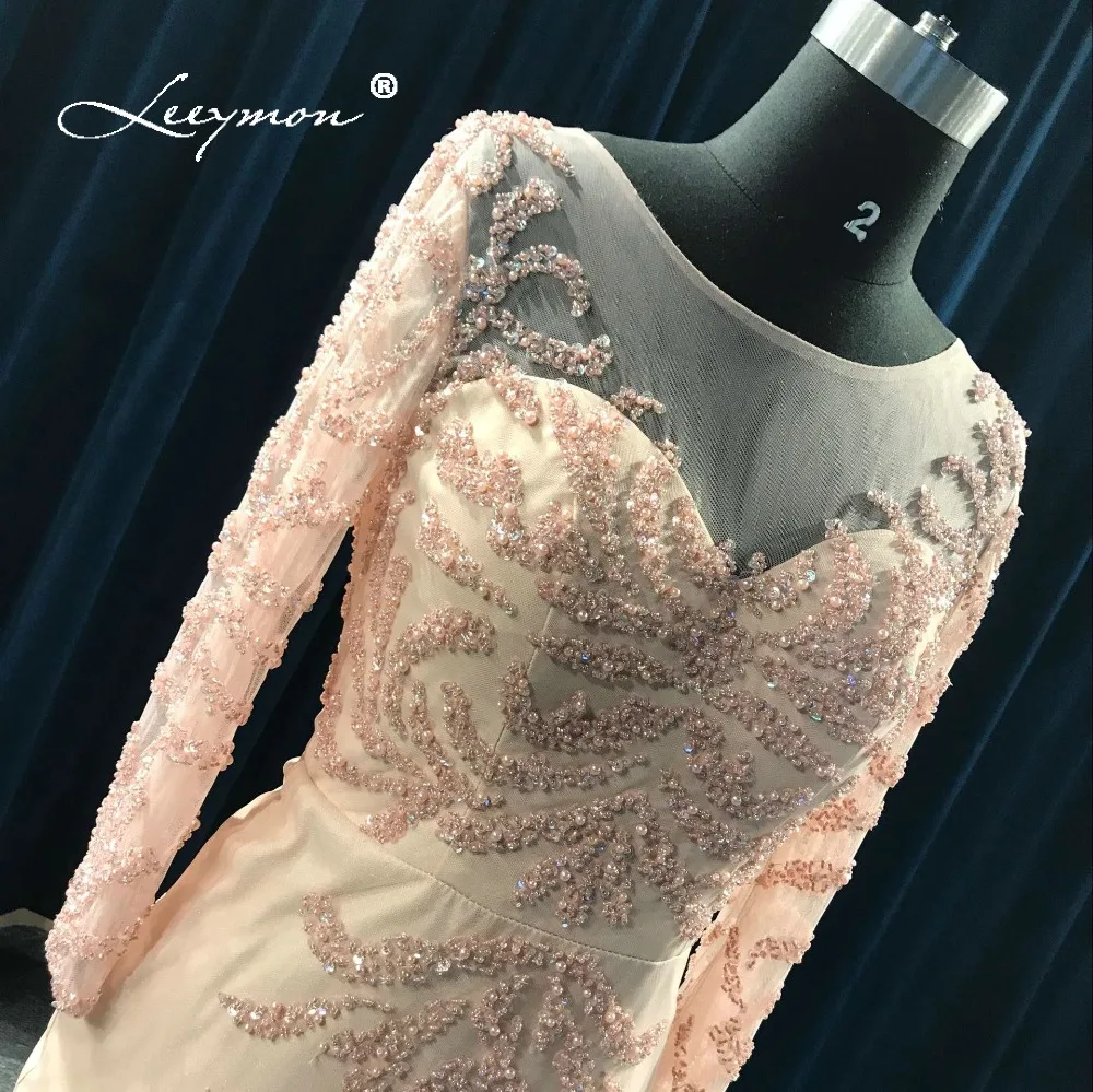 Leeymon Free Shipping 2020 Evening Dress Luxury Long Sleeves Handwork Beading Evening Gown Robe De Soiree Longue Real Pictures