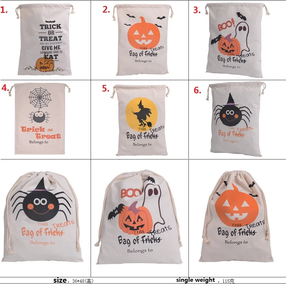 

100pcs DHL 2016 New Halloween Candy Gifts Bag Treat or Trick Drawstring Bag Cotton Canvas 36X48CM Kids Pumpkin Spider Tote Bags