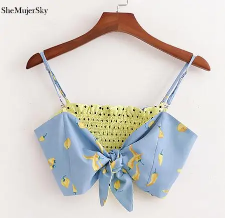 blue tops SheMujerSky/сексуальный укороченный топ с рюшами для женщин; летняя блузка с принтом Чили; бандажная женская блузка на бретельках; s Camisoles - Цвет: blue tops