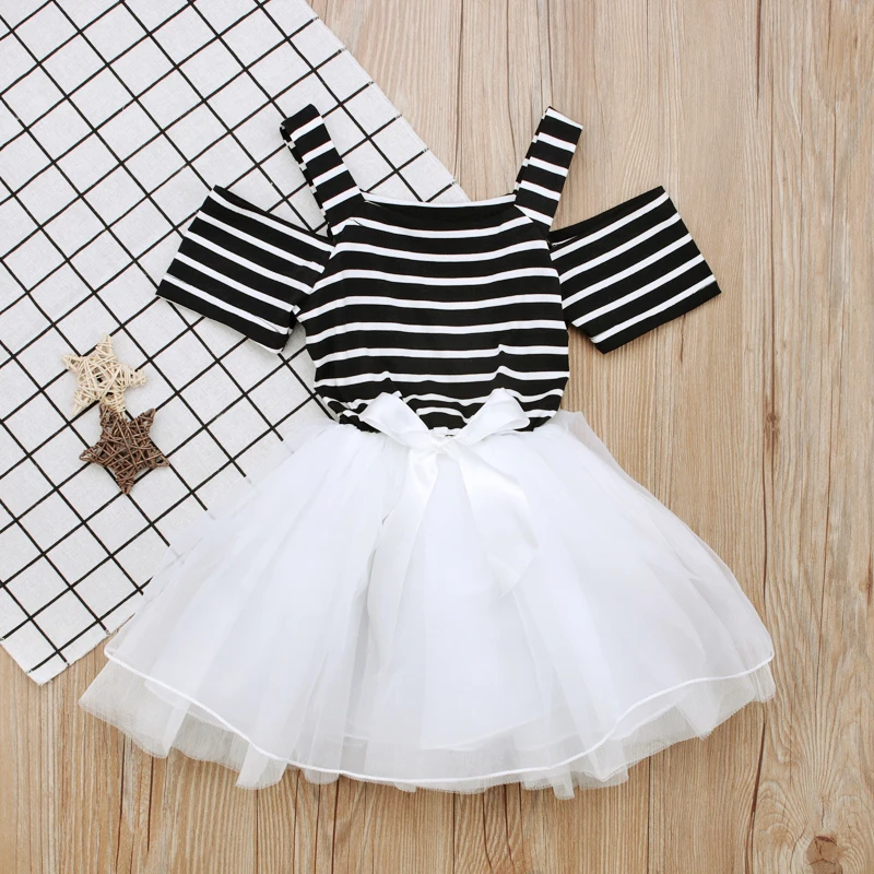 2018 Summer Girls Dresses Fashion Striped Short Sleeve Dress Princess Yarn Classic Popular Children's Clothing Black DS15 | Детская