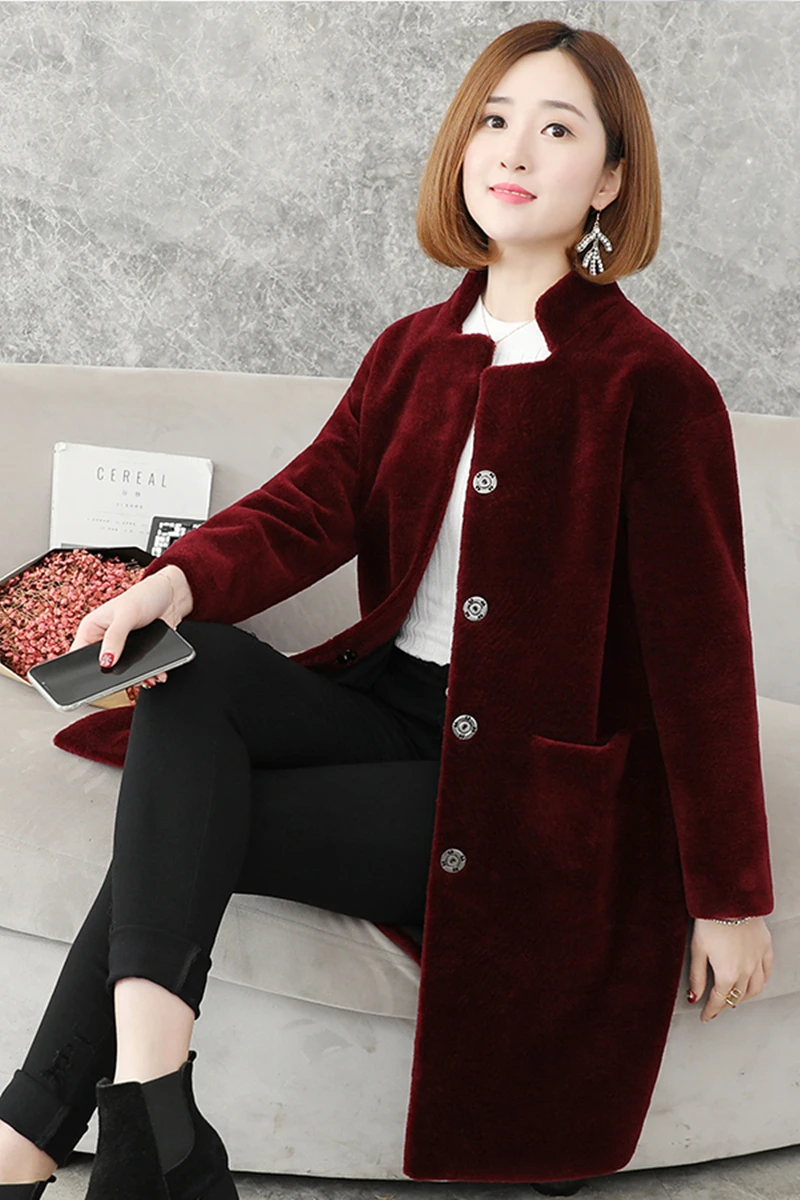 Wine red AYUNSUE плюс размер натуральный мех, шерсть пальто Женская зимняя куртка женская овечья стрижка Подставка для одежды воротник Корейский 5xl Abrigo Mujer KJ543 - Цвет: Wine red