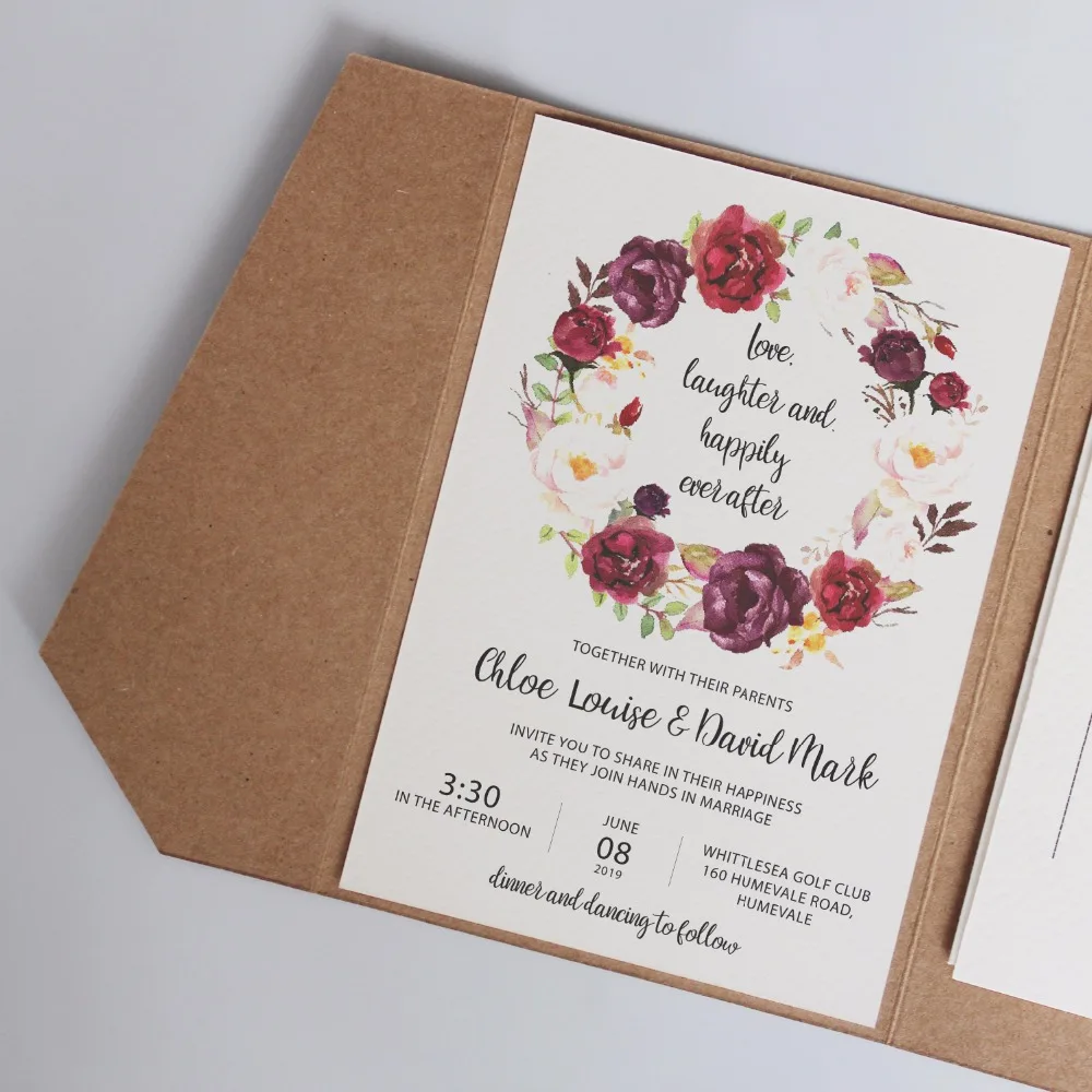Винтажные карманные свадебные приглашения, деревенские пригласительные Карты Индивидуальные свадебные приглашения, с конвертом из крафт-бумаги-набор из 50