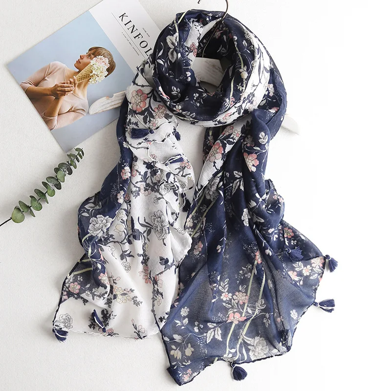 

2020 New Women's Fashion Navy Blue Floral Patchwork Viscose Shawl Scarf Female Autumn Winter Tassel Scarves Head Wraps 180*90Cm