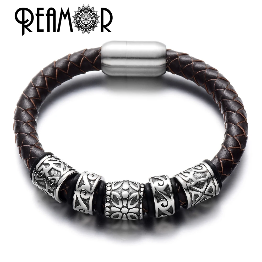 

REAMOR Highest Polished Stainless Steel Vine & Flower Beads Braided Genuine Leather Bracelet for Men & Women Magnetic Buckle