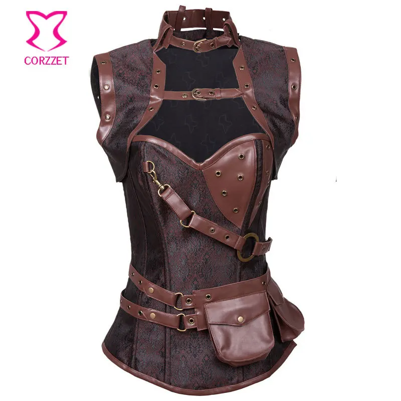 Corzzet Brocade Leather Steel Boned Steampunk Ovebrust Corset And Jacket Women Gothic Waist Trainer Plus Size 6XL Sexy Costumes