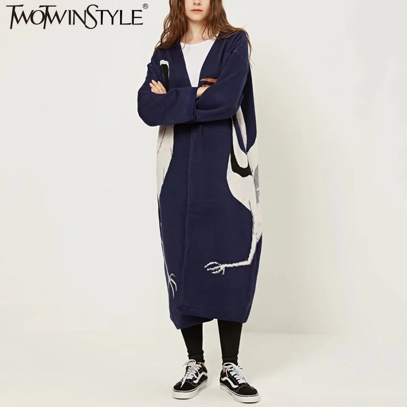 TWOTWINSTYLE Stork Female Cardigan Sweater for Women's Winter Jumper Coat Kimono Vintage Knitted Long Trench Windbreaker |