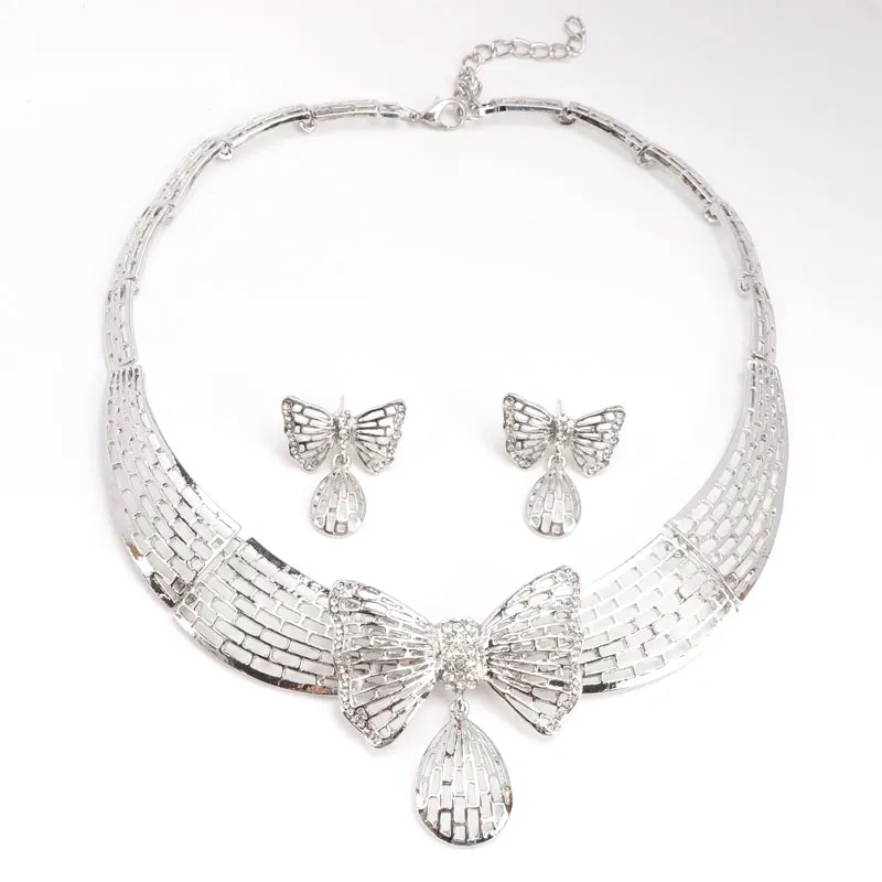 Fashion Silver Plated Jewelry Sets For Women Crystal Butterfly Pendant Necklace Earring Jewellery Set Bridal Wedding Accessories | Украшения