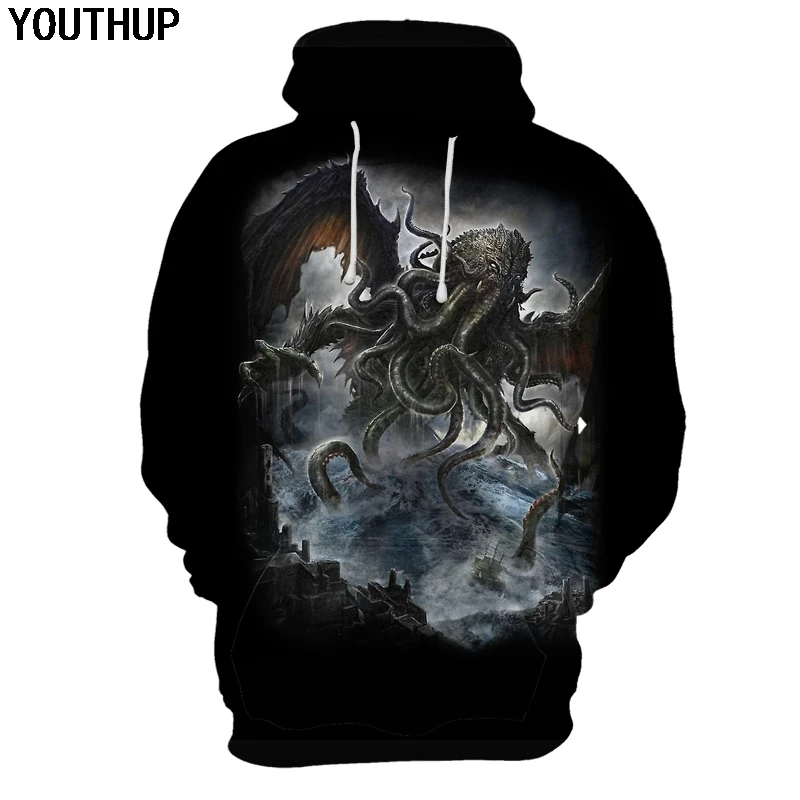 Мужские 3d толстовки YOUTHUP крутые с рисунком осьминога монстра черные капюшоном 3D