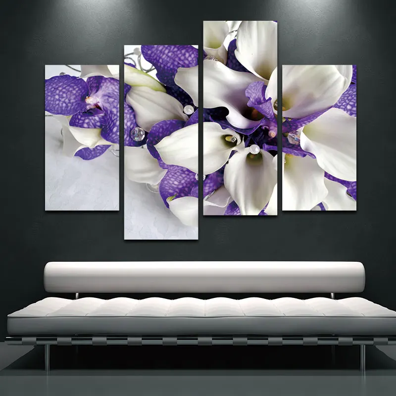 BANMU 4 Panels Purple&ampWhite Iris Wall Art Canvas Painting Nordic Floral Poster Home Decor for Livingroom Decoration | Дом и сад