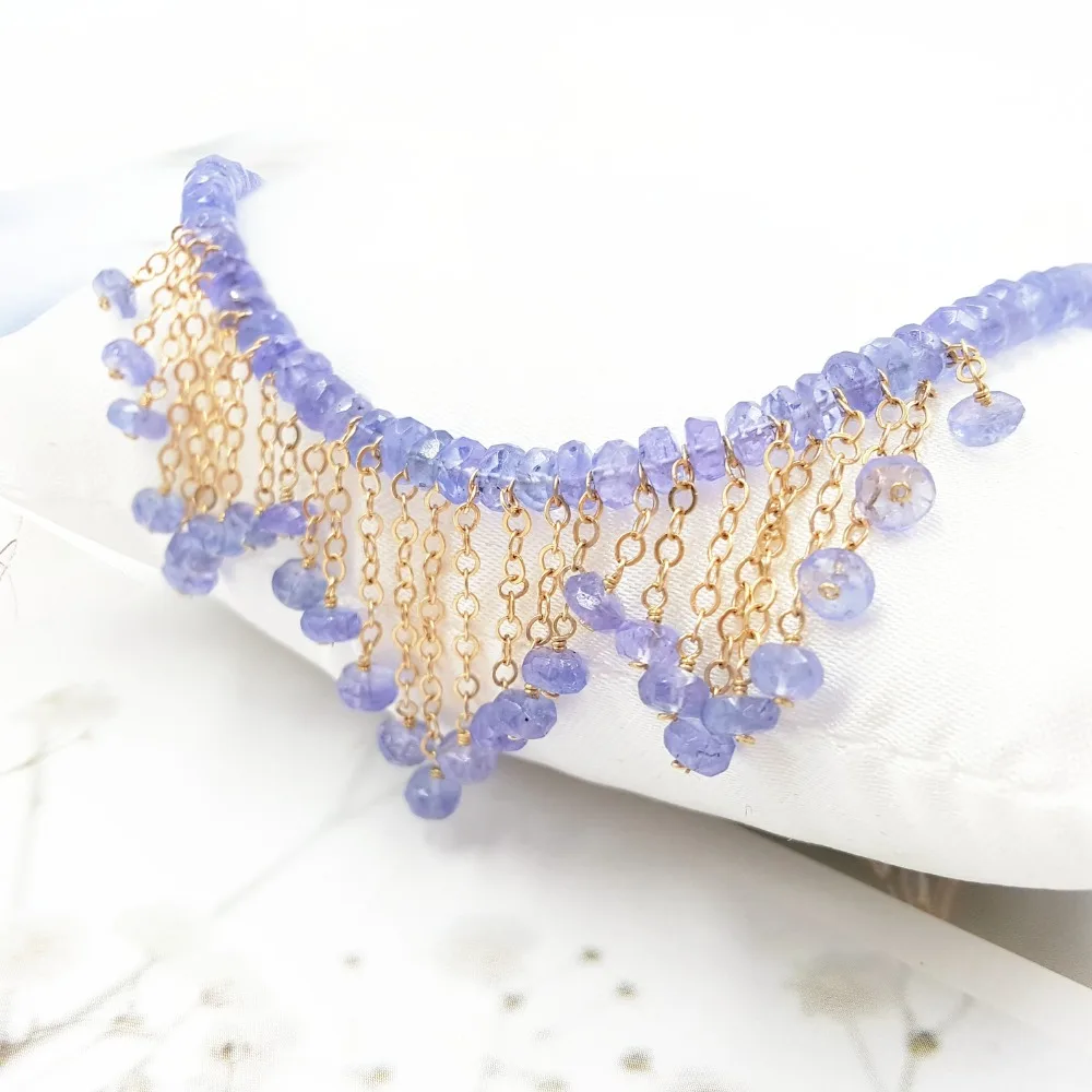 ?? Liijiユニークな天然石ブルーtanzanites Gfタッセルチョーカーネックレス女性ニースギフト結婚式ネックレスドロップ無料