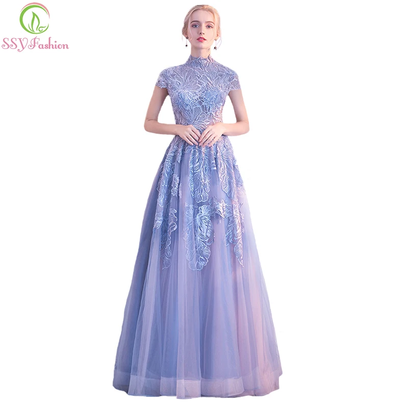 SSYFashion/Новое кружевное вечернее платье элегантное с высоким воротом серое синее