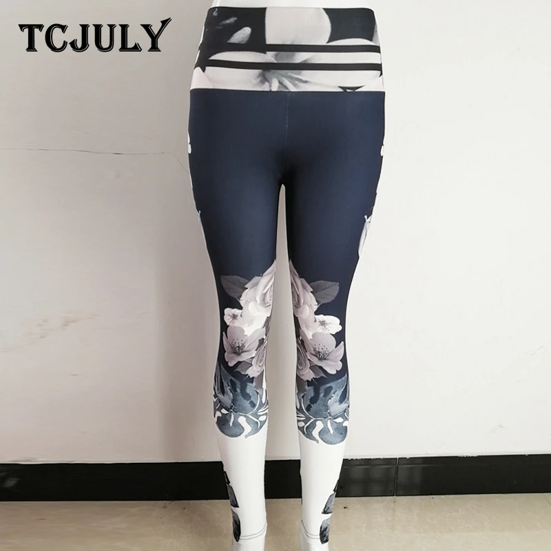 TCJULY чернила цветы узоры женские леггинсы с принтом Высокая талия брюки для