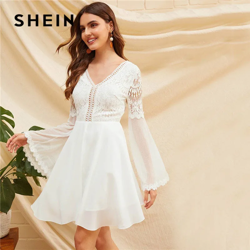 SHEIN Кружевное Платье С Сетчатыми Рукавами И Открытой Спинкой Женское Весеннее Сексуальное Платье С V-Образным Вырезом И Длинными Рукавами