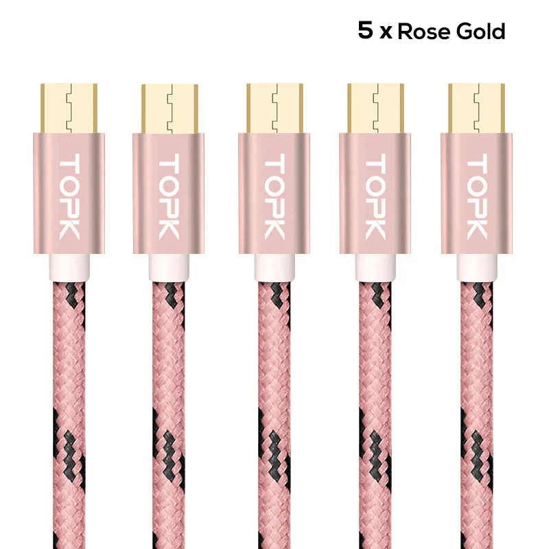 TOPK [5-Pack] 5 V/2,4 A(макс.) Micro USB кабель, нейлоновый плетеный металлический корпус позолоченный зарядный кабель для samsung/Xiaomi/huawei - Цвет: 5 x Rosegold
