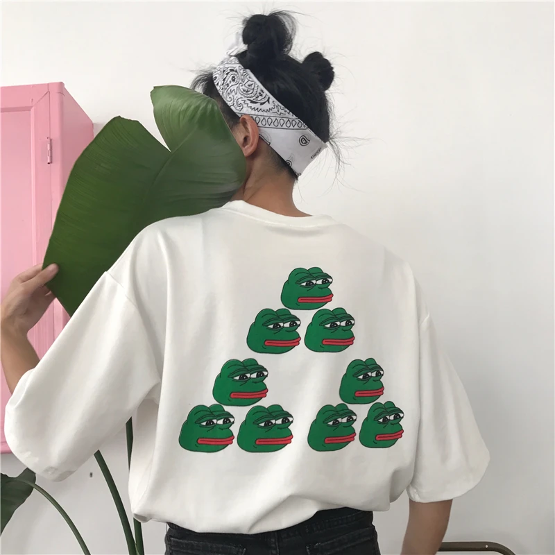 YouGeMan летняя футболка для женщин Одежда корейский Ulzzang Harajuku принт пародия лягушка короткий рукав футболки Женская забавная футболка