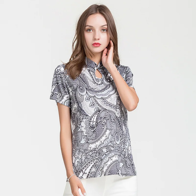 Женская футболка из 100% натурального шелка нижняя рубашка с воротником и коротким