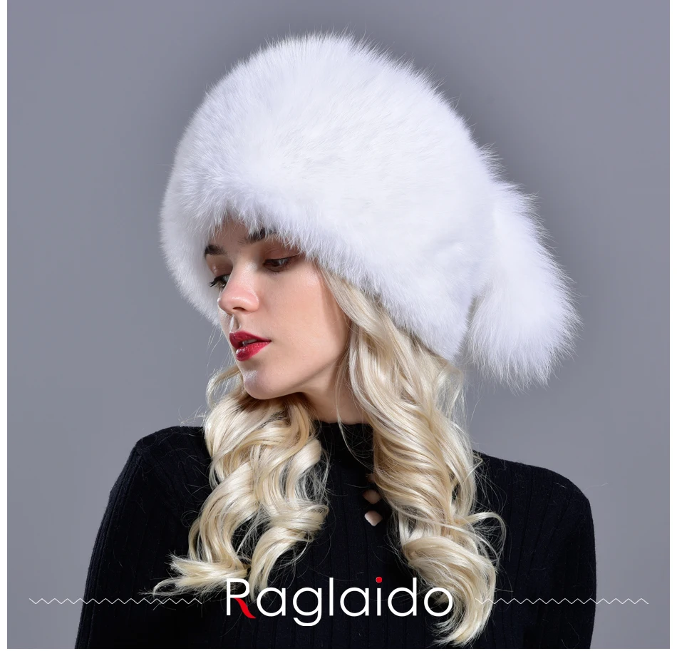 Raglaido Зимняя шапка из натурального меха лисы меха с 2 хвостами из натурального пушистого меха элегантные женские модные