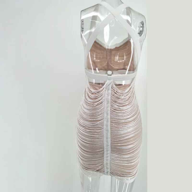 

D135 sexy white back open hollow out cross straps tassel dress