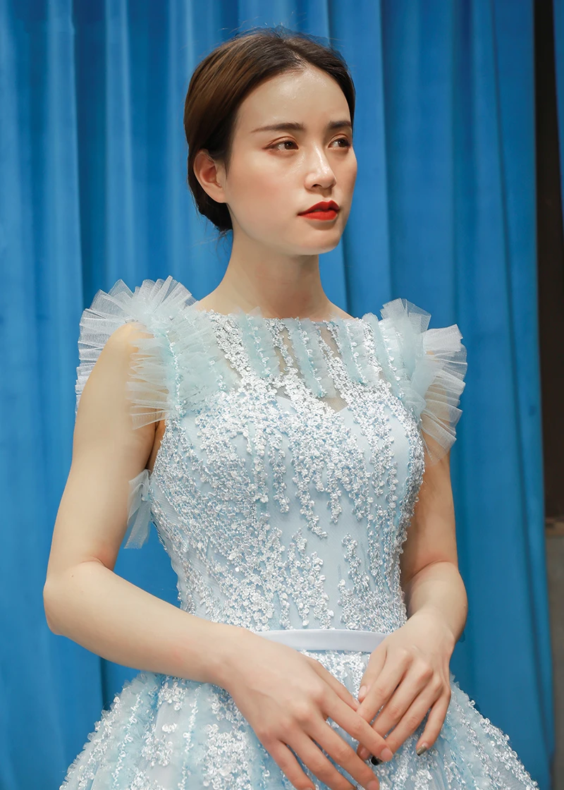 J66796 jancember turkish A-line formal evening dresses in turkey coming light blue lace appliques pleat girls pageant dress 2019