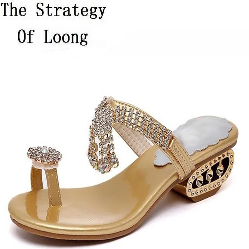 Шлепанцы на толстом каблуке в Корейском стиле шлепанцы сандалии с кристаллами