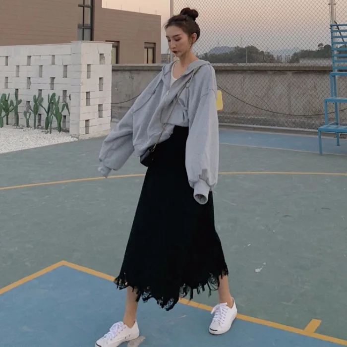 Lychee для девочек с дырками эластичная талия женщин длинные юбки сплошной цвет