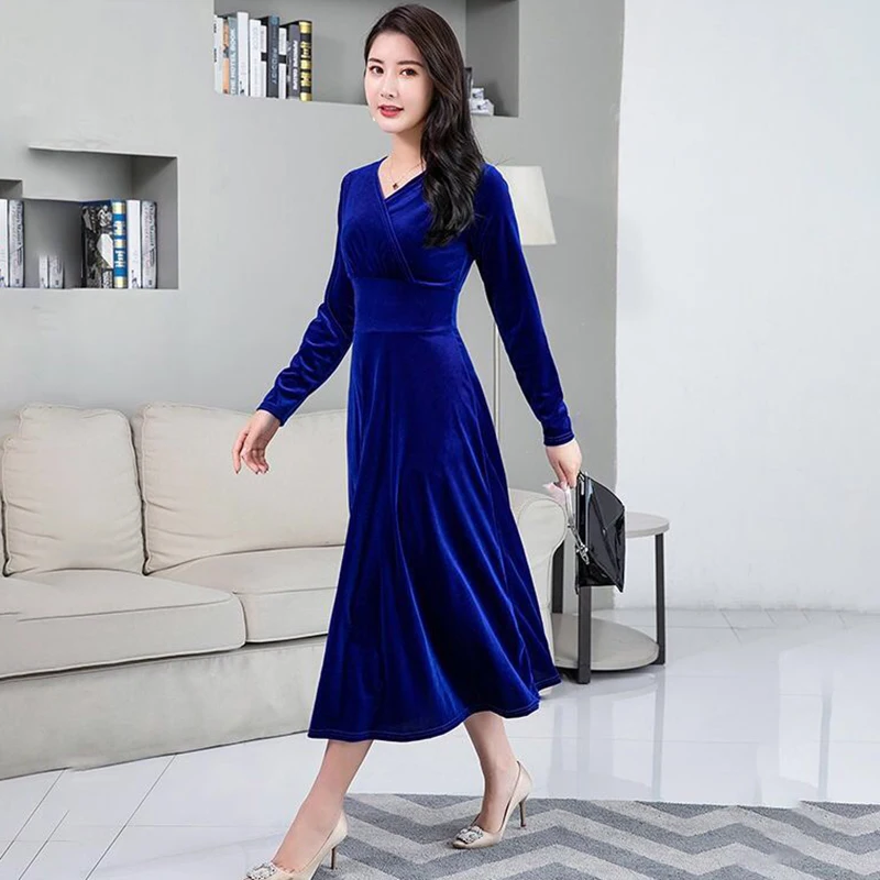 Fashion Women V-Neck Long Sleeve Velvet Dress Hot Sale Solid Colors Loose Straight Slim Waist Ladies Bodycon | Женская одежда