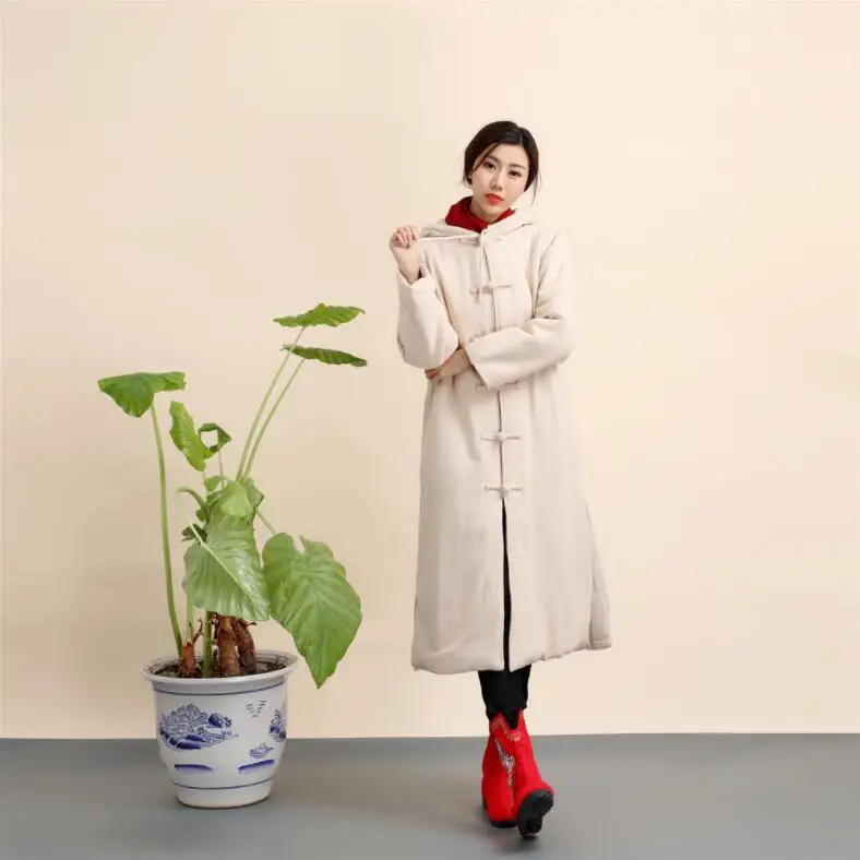 

Unisex Retro folk style Chinese Traditional Linen long winter coat cotton padded jacket couples Trench Coat hooded Large lammy