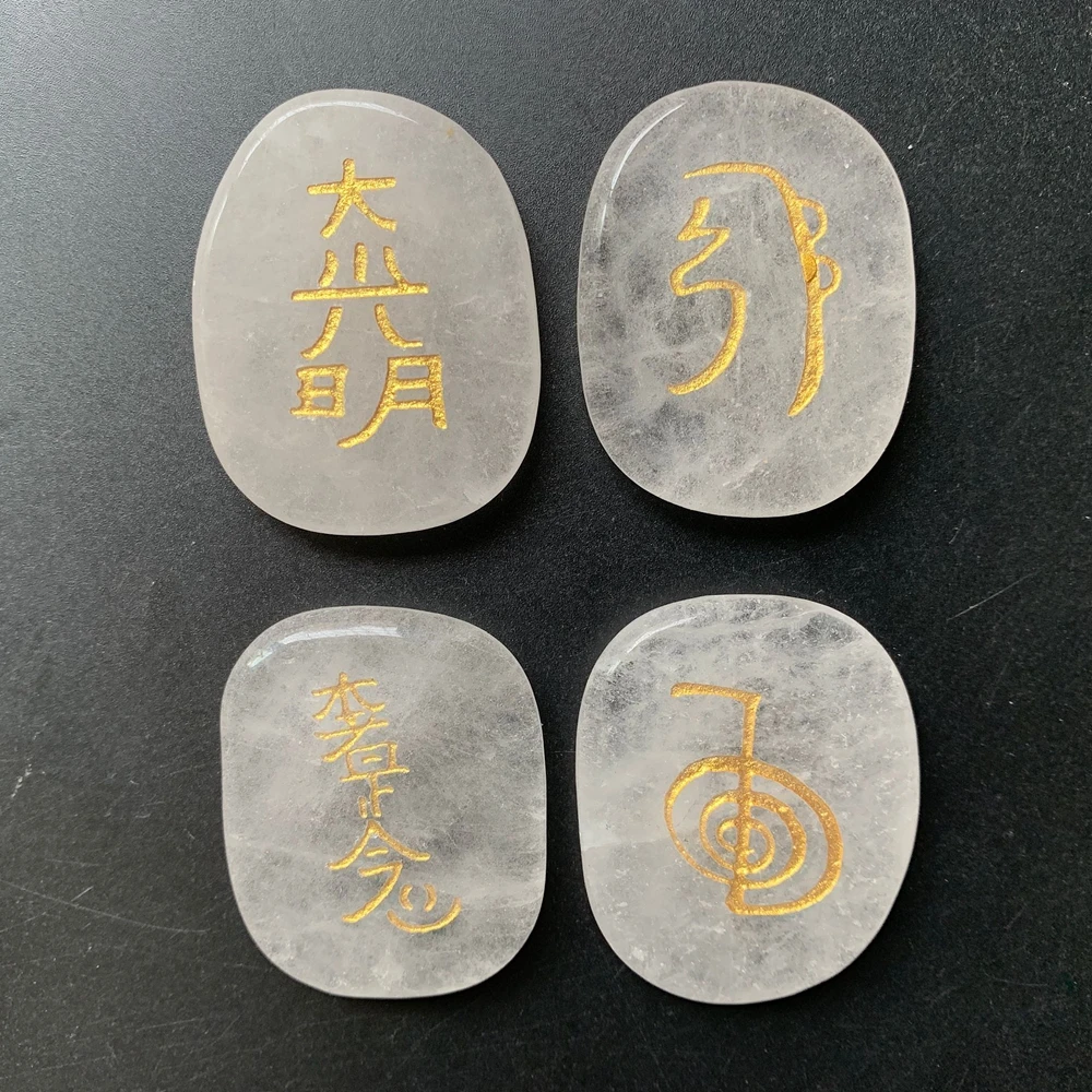 

Natural Clear Quartz Stone Rock Crystal Reiki Healing Big Palm Stones Hand Carved Reiki Power Symbols Set 4pieces
