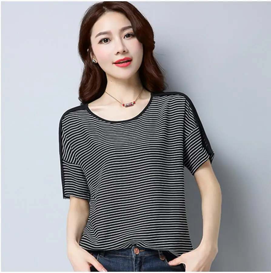 FFTAIQI new fashion summer fresh cool patchwork short sleeve woman tee tops simple classic striped O-Neck loose women T-shirt | Женская