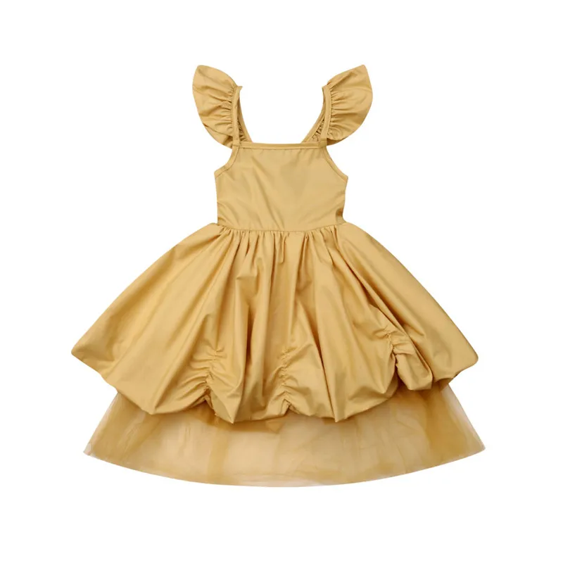 Baby Flower Girl Dress yellow flying sleeve strap Lace Tulle Party Gown Princess Wedding Bridesmaid Birthday | Детская одежда и