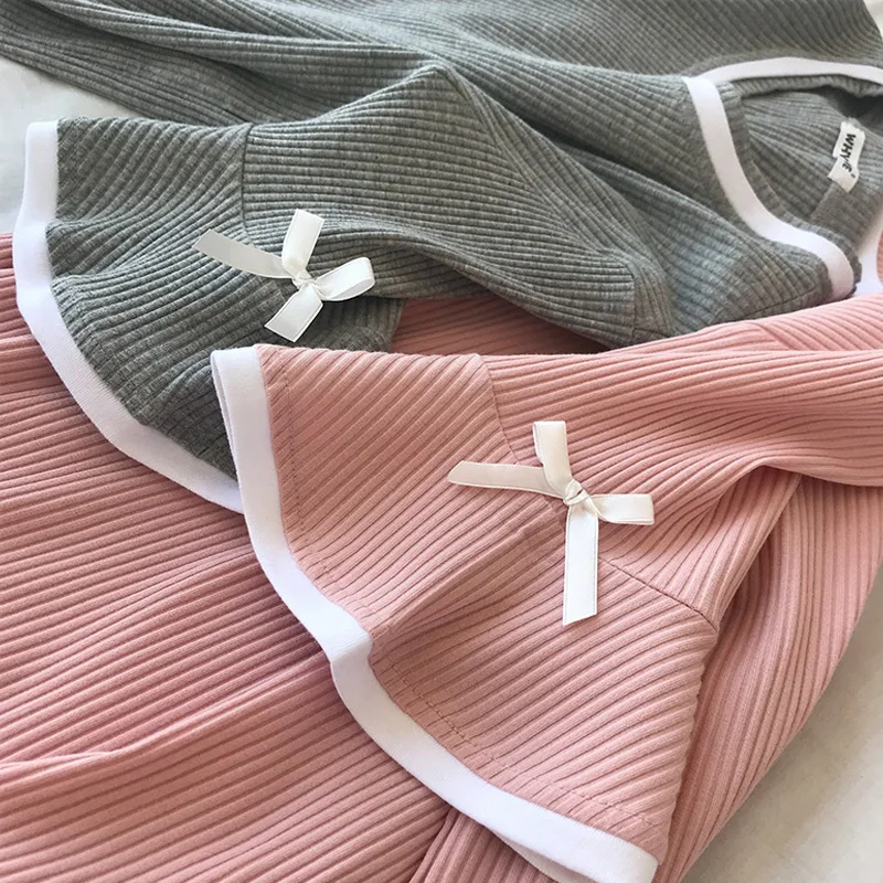 

Summer Korean Women Pajamas Sets Solid O-neck Short Sleeve Bow Pullover + Elastic Waist Long Pants Female Sweet Twinset 2pcs Set