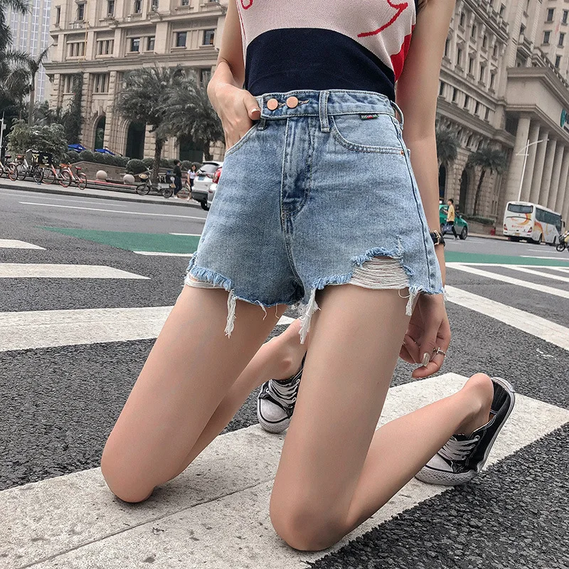 Xisteps Summer Hot High Waist Ripped Holes Women Short Jeans Loose Sexy Street Wear A-line Shorts Wide Leg Plus Size 2021