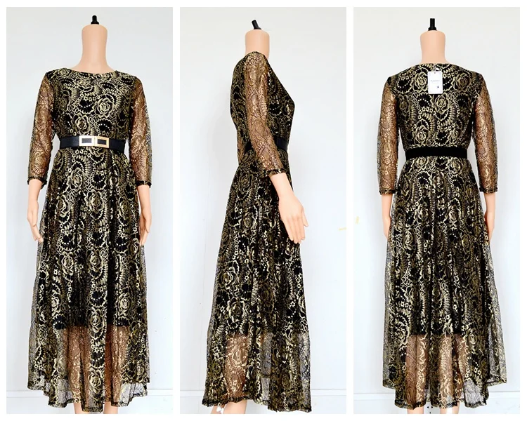 Ryseleco Sexy Summer Elegant 3/4 Sleeve Embroidery Cutout Floral Lace Dresses Women Fashion Quality Long Maxi Flare Vestido