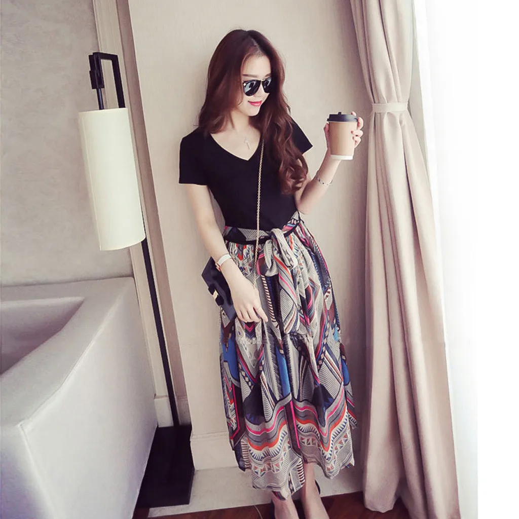 Dress Maxi Dress Women Polyester Print Ankle-length v-neck 3XL Summer Daily Casual Loose Ladies Work Splice Long Dress платье Z4