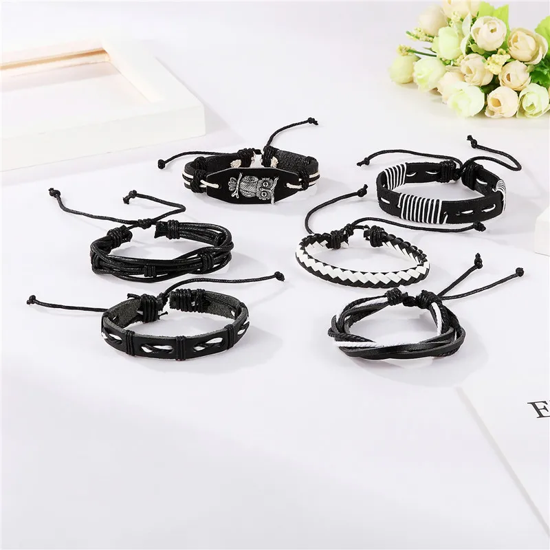 2019 New 6 pcs 1 Set Fashion accessories Owl Bead Leather Bracelets &amp bangles Multilayer Braided Wristband Bracelet Men pulseira |