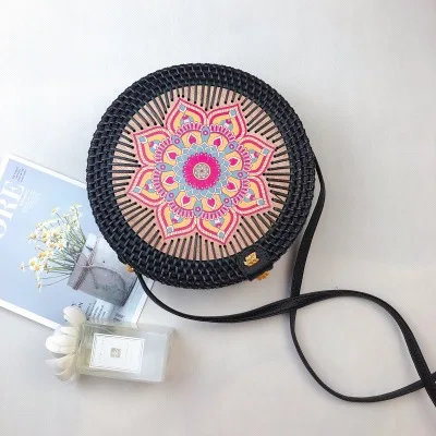 520x8 Новые черные круглые сумки из ротанга для женщин, богемная пляжная сумка-Кроссбоди, соломенная ручная работа, тканая круглая сумка на плечо, женские сумки - Цвет: 520x8
