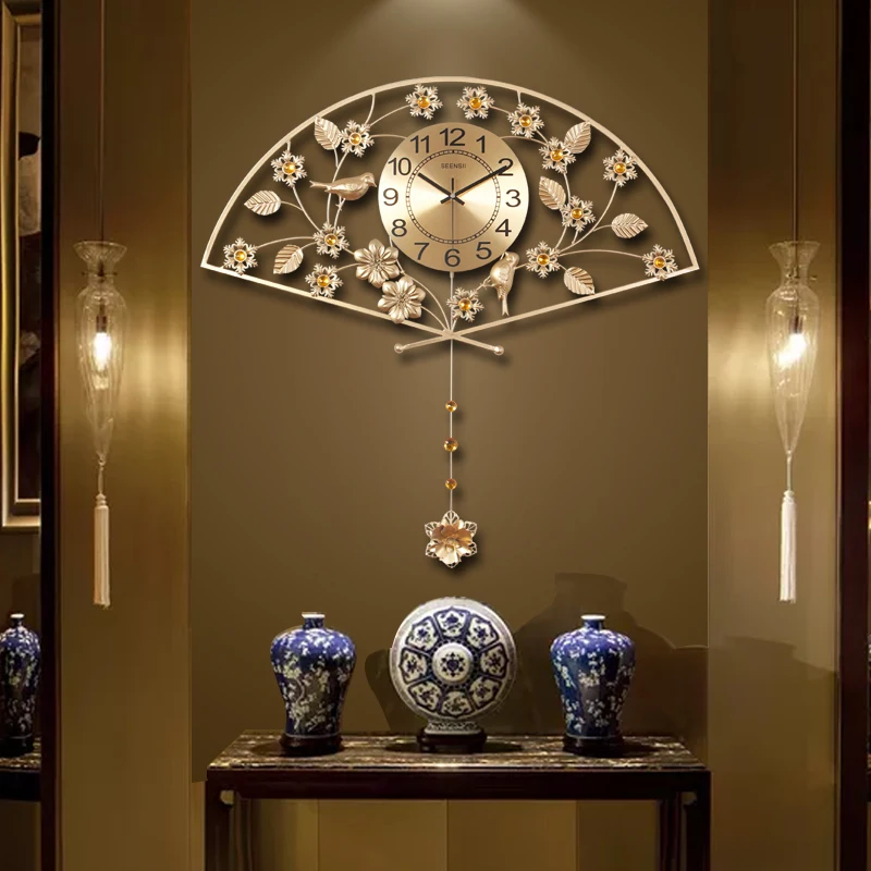 Металлические винтажные золотые часы в форме веера китайском стиле домашний зал
