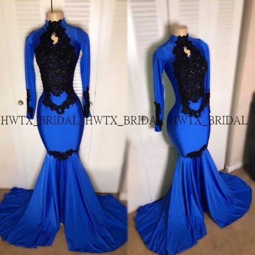 royal blue Платье с юбкой годе Королевского синего цвета африканские платья для выпускного вечера длинный рукав с высоким воротом чёрная Аппликация Длинные Формальные Вечерние платья Vestidos de fiesta - Цвет: royal blue